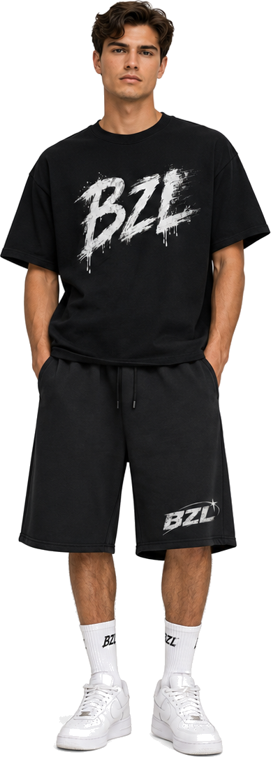 Model wearing Black tee + shorts — BZL Drawstring Shorts try-on preview