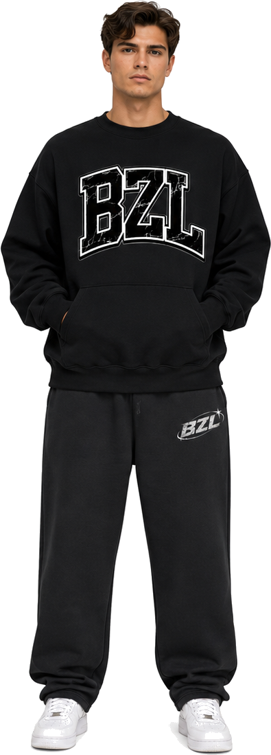 Model wearing Black crewneck — Essential Drawstring Jogged Sweatpants try-on preview